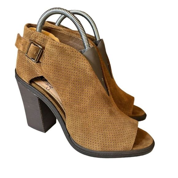 Vince Camuto Suede Front V-Cut Peep Toe Booties Kalei Pumpernickel Suede Size 6 - Picture 2 of 6